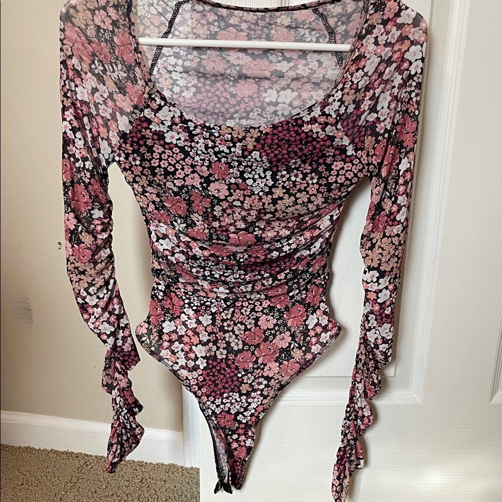 Floral Pink Long-Sleeve Ruched Bodysuit